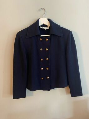 St. John Navy Double-Breasted Knit Blazer with Gold Buttons